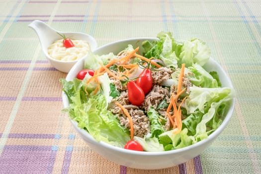 fresh organic salad with tuna in white bowl served with cream sauce