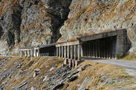 Avalanche protection system at Transfagarasan road. It is a paved mountain road crossing the southern section of the Carpathian Mountains of Romania. It has national-road ranking and is the second-highest paved road in the country after the Transalpina.