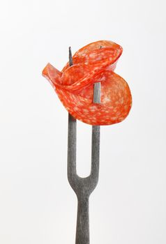 Slice of Hungarian salami on fork