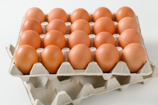 Twenty fresh brown eggs in a paper egg tray