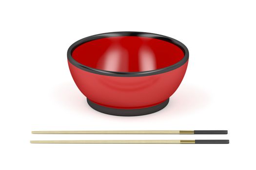 Empty red bowl and wooden chopsticks on white background