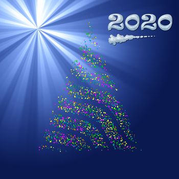 Christmas bokeh tree on blue light ray background