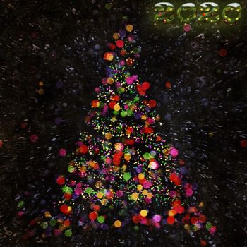 Christmas abstract bokeh tree on dark background. Year 2020. Digital paint