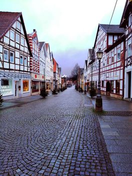 Old street with half-timbered framework in Buckeburg, Germany.