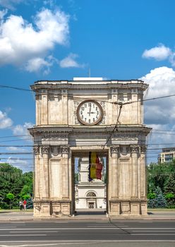 Chisinau, Moldova – 06.28.2019. Triumphal arch in the center of Chisinau, capital of Moldova, on a sunny summer day