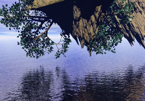 Part of an old tree above the water, it 's an abstract textured illustration that shows a picture of a lovely place to rest on a sunday afternoon
