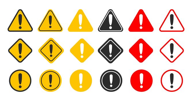 Caution alarm set. Danger sign collection. Attention icon. Yellow and red fatal error message element.