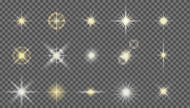 Flash camera light effect. Realistic twinkle stars. glow shine element set. Starlight isolated on background set