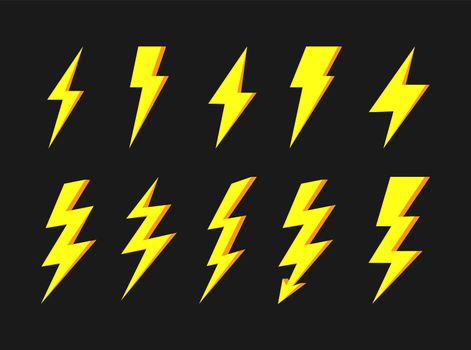 Thunder and bolt flat icon set. Flash elements. Elestric blitz logo. yellow thunderbolt on dark background