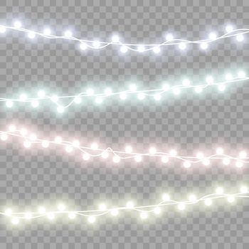 Xmas garlands. Christmas lights. Glowing light for holiday greeting card design. Garlands, Christmas bulbs decorations.