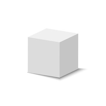 White cube. 3D abstract box with shadow. Geometric paper square empty package. Gift box or shoebox.