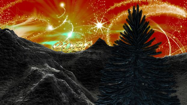 Christmas 2020 landscape in the mountains. Angel dust and a starry red sky with Christmas tree