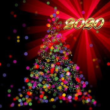 Christmas 2020 abstract bokeh tree on red light ray background.