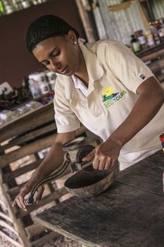 MONTANA REDONDA, DOMINICAN REPUBLIC 27 DECEMBER 2019: Dominican woman grinds coffee with traditional methods