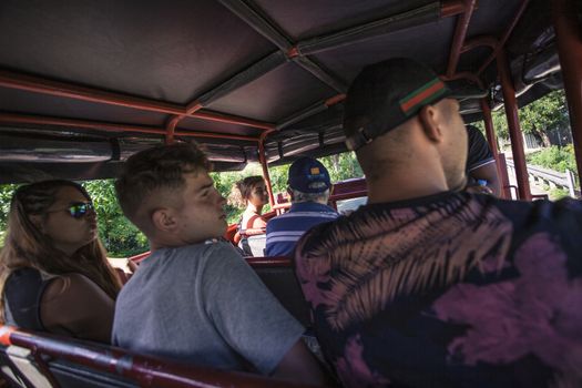 MONTANA REDONDA, DOMINICAN REPUBLIC 27 DECEMBER 2019: Bus full of hikers heading to Montana Redonda