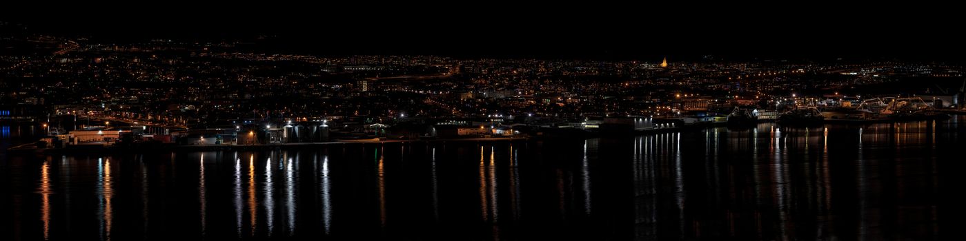 Panoramic view of Akureyri in the night, Iceland