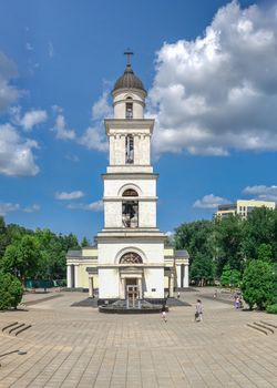 Chisinau, Moldova – 06.28.2019. Bell tower in the Chisinau Cathedral Park, Moldova, on a sunny summer day