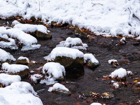 A stream running through the forest has several rocks standing in it that are covered in snow from a recent snowfall. The rocky creek still has fallen leaves visible in it.