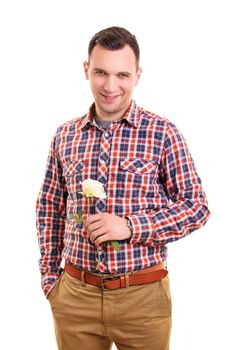 Handsome stylish young man holding a white rose flower, isolated on white background. Valentines day, date, romance concept. Romantic gift. Romantic man. Boyfriend concept.