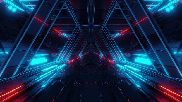 futuristic sci-fi space war ship hangar tunnel corridor with reflective glass windows 3d illustration background wallpaper, endless technical science-fiction scifi corridor with glowing lights 3d rendering graphic artwork