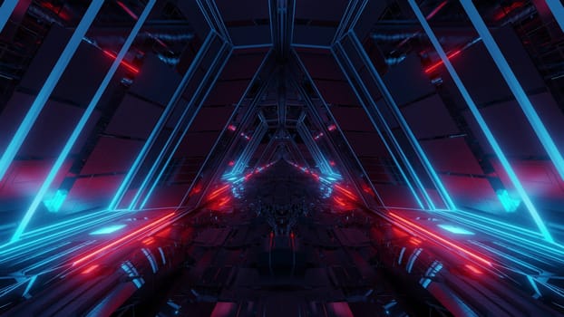 futuristic sci-fi space war ship hangar tunnel corridor with reflective glass windows 3d illustration background wallpaper, endless technical science-fiction scifi corridor with glowing lights 3d rendering graphic artwork