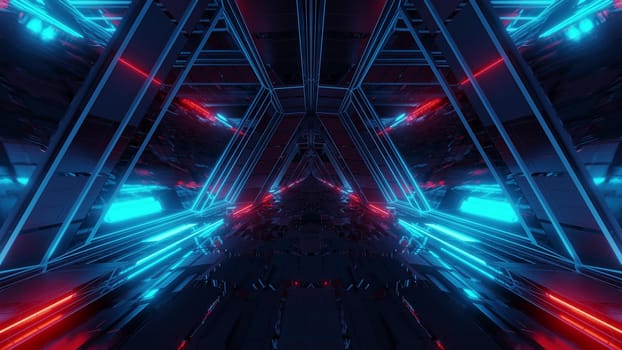futuristic sci-fi space war ship hangar tunnel corridor with reflective glass windows 3d illustration background wallpaper, endless technical science-fiction scifi corridor with glowing lights 3d rendering graphic artwork
