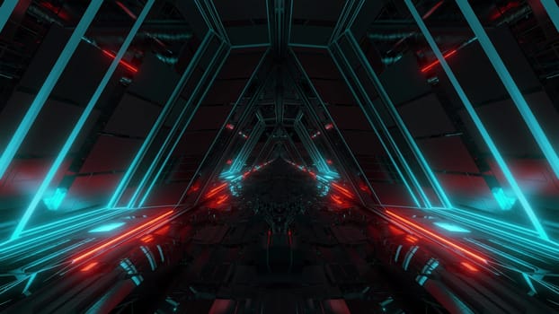 futuristic sci-fi space war ship hangar tunnel corridor with reflective glass windows 3d illustration background wallpaper, endless technical science-fiction scifi corridor with glowing lights 3d rendering graphic artwork