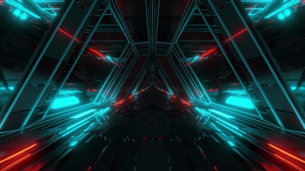 futuristic sci-fi space war ship hangar tunnel corridor with reflective glass windows 3d illustration background wallpaper, endless technical science-fiction scifi corridor with glowing lights 3d rendering graphic artwork