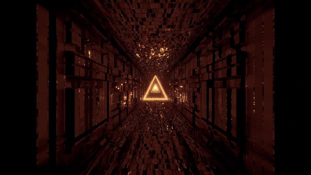 glowing wire-frame triangle with technical reflective tunnel corridor 3d illustration background wallpaper, futuristic abstract shape 3d rendering graphic artwork design
