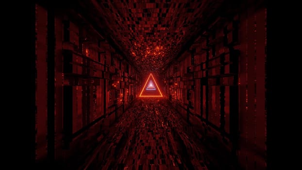 glowing wire-frame triangle with technical reflective tunnel corridor 3d illustration background wallpaper, futuristic abstract shape 3d rendering graphic artwork design