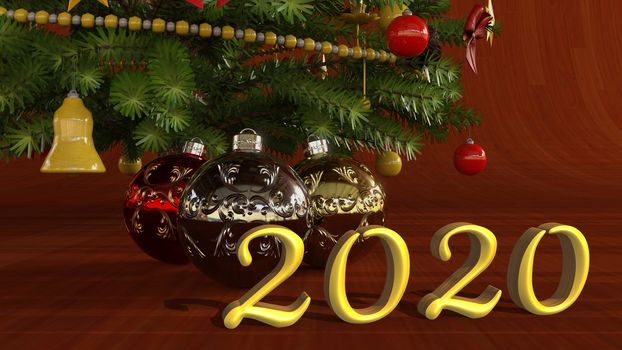 Christmas balls under Christmas tree. Year 2020 - 3d rendering