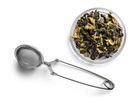 Green tea with natural aromatic additives. Top view on white background.