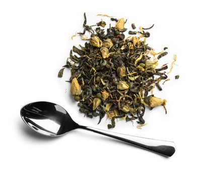 Green tea with natural aromatic additives. Top view on white background.