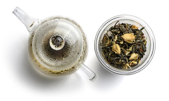 Green tea with natural aromatic additives. Top view on white background.