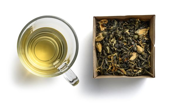 Green tea with natural aromatic additives. Top view on white background.