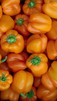An abstract image of orange bright sweet peppers lying in the grocery store. View from above.