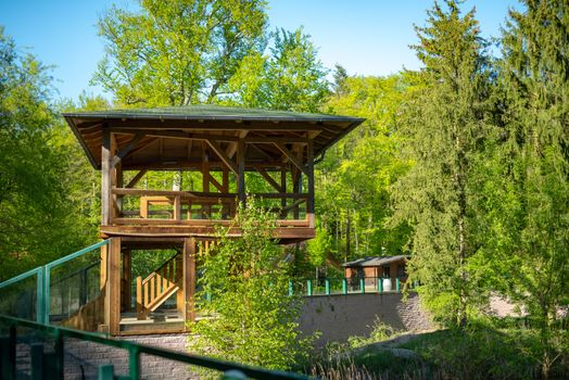 Observation tower with copy space. Blue sky and green trees