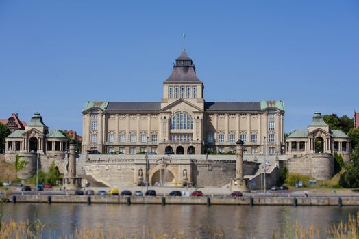 Left bank of the Oder river in Szczecin with the maritime museum and the terraces