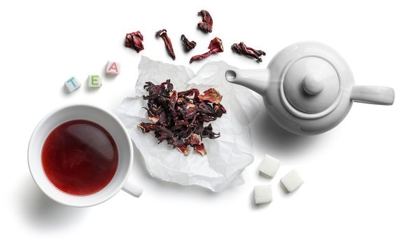Hibiscus tea for making a drink on a white background.