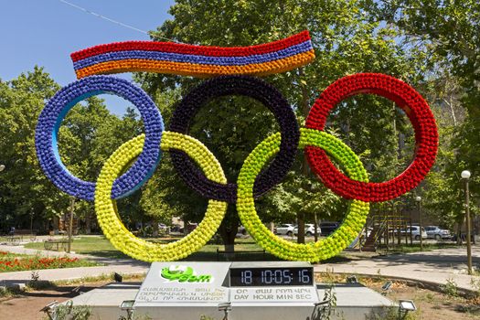 YEREVAN, ARMENIA - AUGUST 23, 2016:Olympic rings made of flowers in the central park of the city of Yerevan,Armenia.