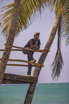 PLAYA LIMON, DOMINICAN REPUBLIC 28 DECEMBER 2019: Dominican man looks at the sea