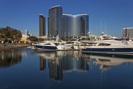 SAN DIEGO , CA - APRIL 07 : The marina in San Diego with the skyscapers in sunny day on April 07,2014.