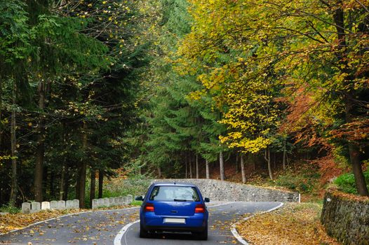 Car in the forest at Transfagarasan mountain road, Romania
