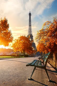 Sunny morning and Eiffel Tower in autumn, Paris, France