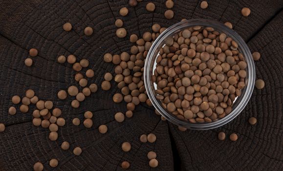 Bowl of lentils on black wooden background, top view