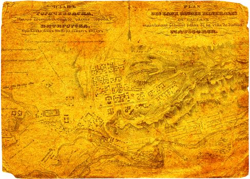 Old yellowed generic vintage city map.