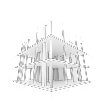 Drawing or sketch of a house under construction. Construction site. Main line, back contour and auxiliary lines. 3D illustration