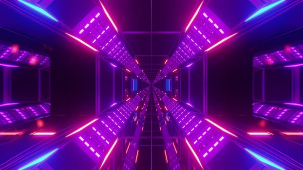 futuristic science-fiction tunnel corridor with metal steal wire-frame kontur and endless glowing lights 3d illustration background wallpaper graphic design, endless scifi space hangar with glass windows 3d rendering design