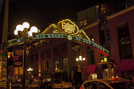 SAN DIEGO , CA - MAY 05 : Sign at the entrance to the Gaslamp Quarter in downtown San Diego,California on May 05, 2014. Historical district, features a bustling entertainment scene with bars and restaurants.
