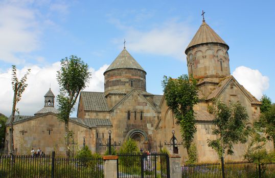 Old medieval church against blue sky background



